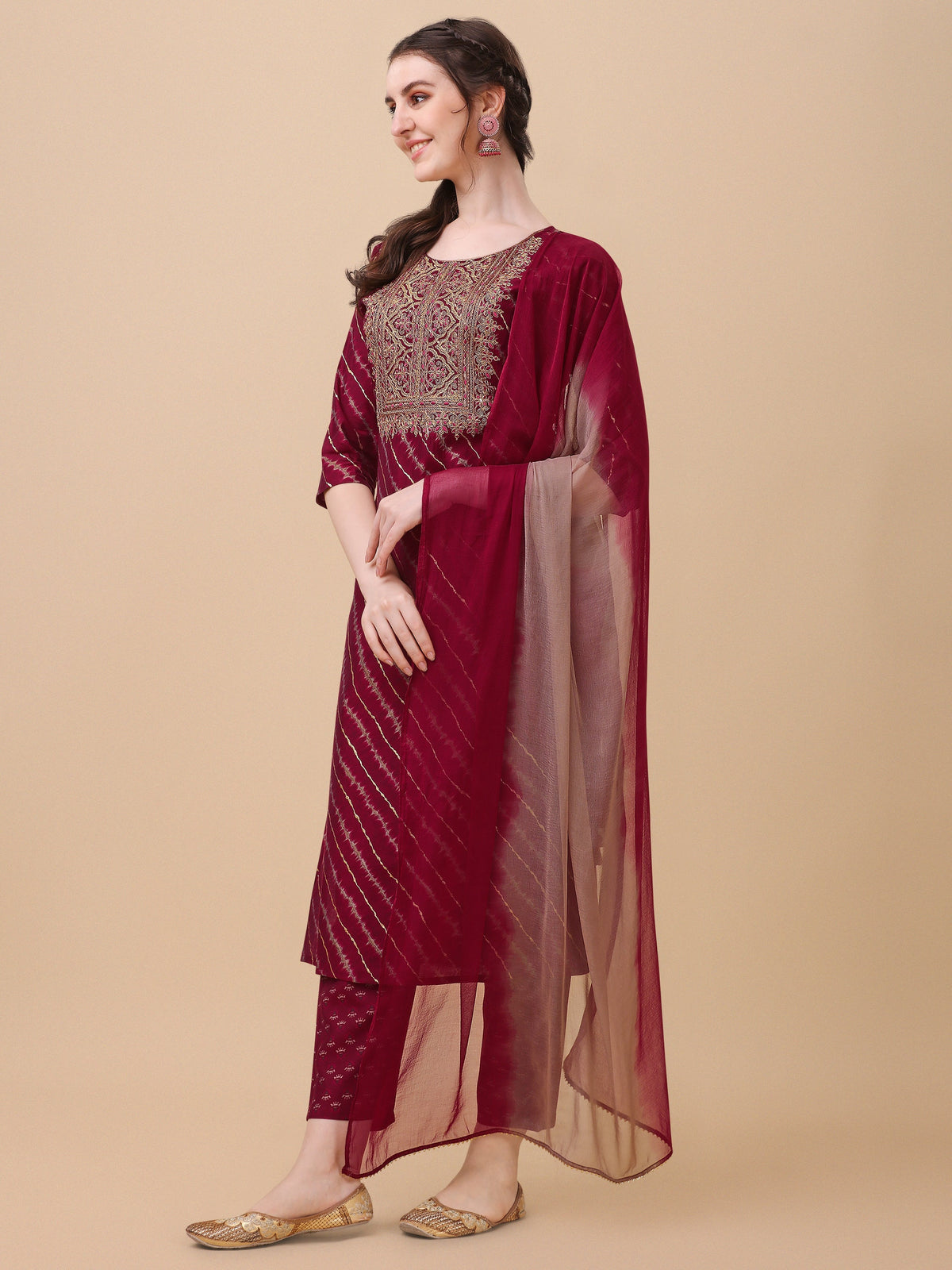 Leheriya Printed & Embroidered Kurta With Pant & Dupatta Set, Multicolor - Hiral Fashion | Grocsy