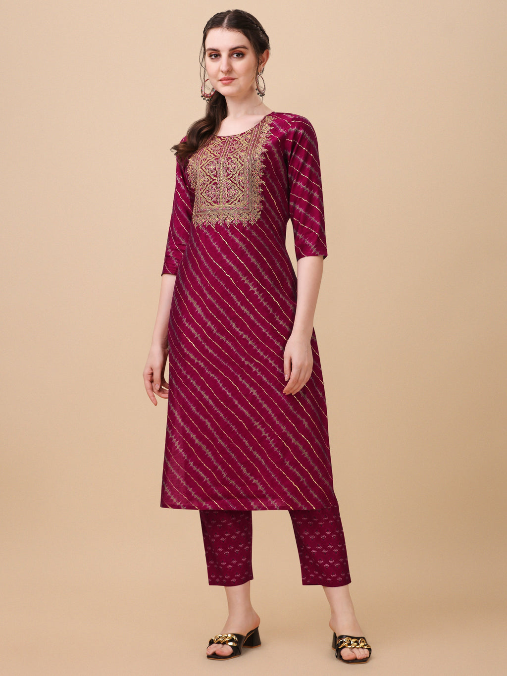 Leheriya Printed & Embroidered Kurta With Pant & Dupatta Set, Multicolor - Hiral Fashion | Grocsy