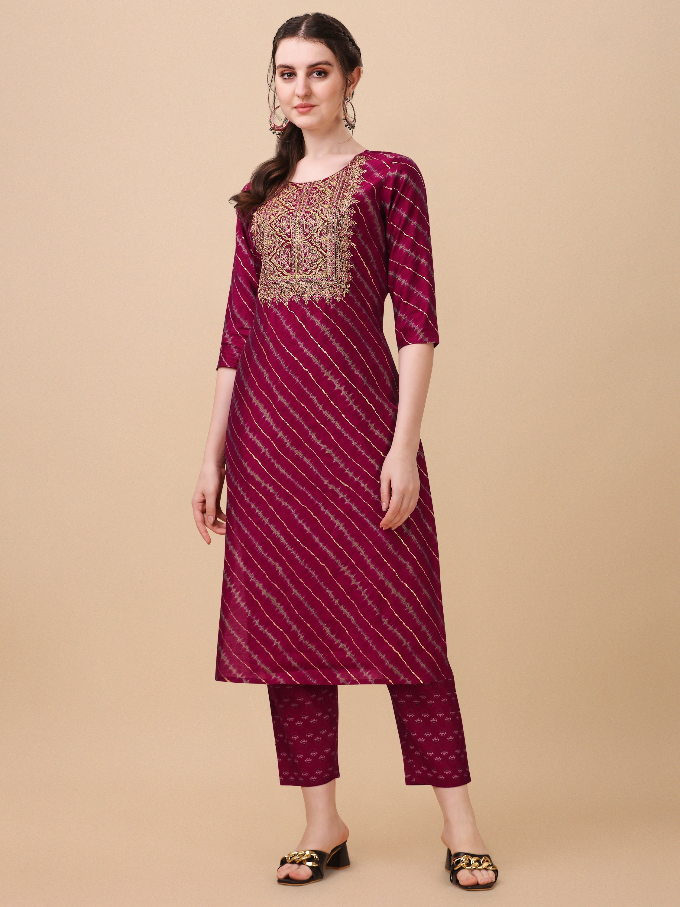 Leheriya Printed & Embroidered Kurta With Pant & Dupatta Set, Multicolor - Hiral Fashion | Grocsy