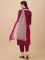 Leheriya Printed & Embroidered Kurta With Pant & Dupatta Set, Multicolor - Hiral Fashion | Grocsy