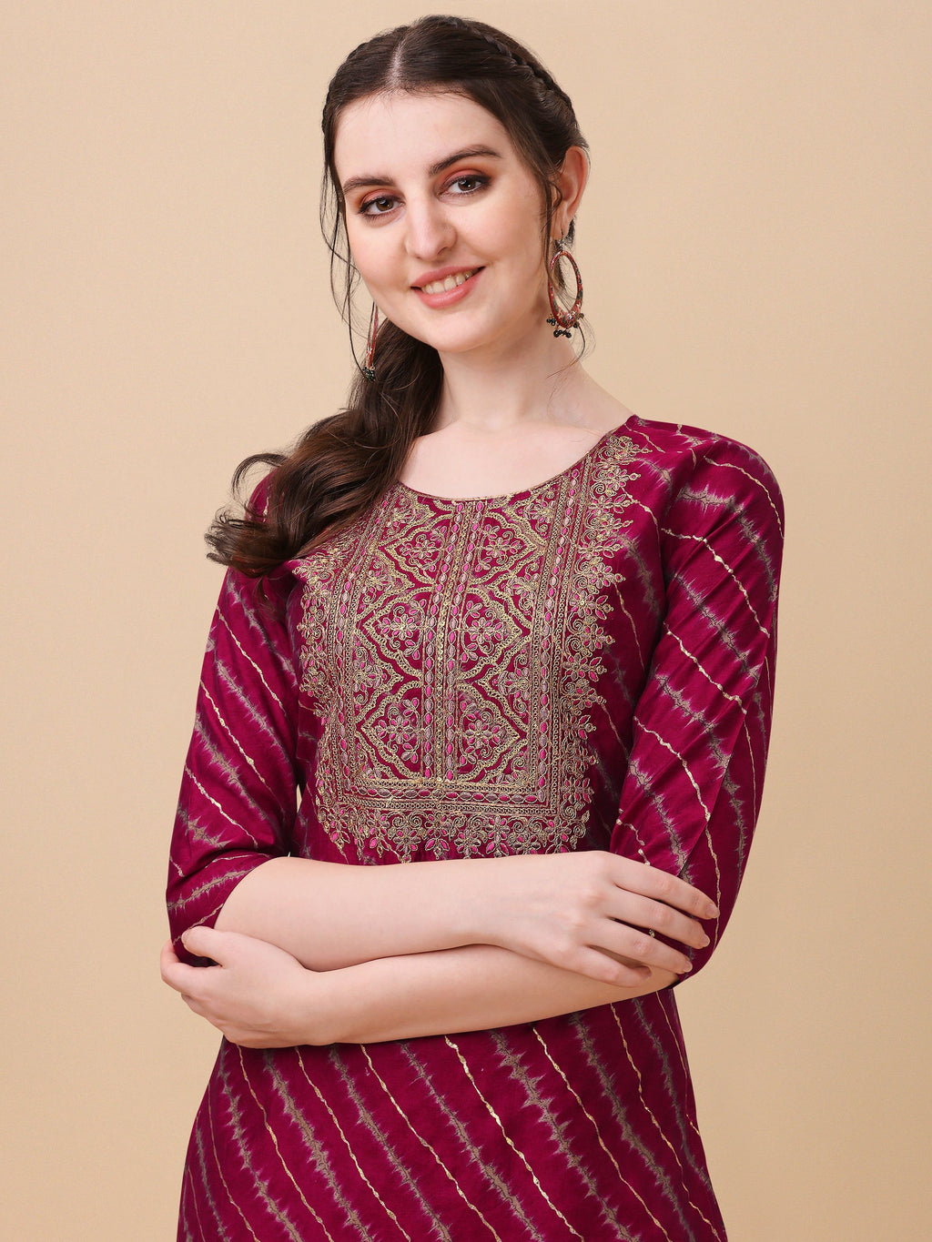 Leheriya Printed & Embroidered Kurta With Pant & Dupatta Set, Multicolor - Hiral Fashion | Grocsy