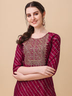 Leheriya Printed & Embroidered Kurta With Pant & Dupatta Set, Multicolor - Hiral Fashion | Grocsy