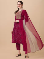 Leheriya Printed & Embroidered Kurta With Pant & Dupatta Set, Multicolor - Hiral Fashion | Grocsy