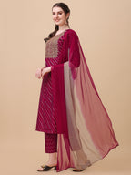Leheriya Printed & Embroidered Kurta With Pant & Dupatta Set, Multicolor - Hiral Fashion | Grocsy