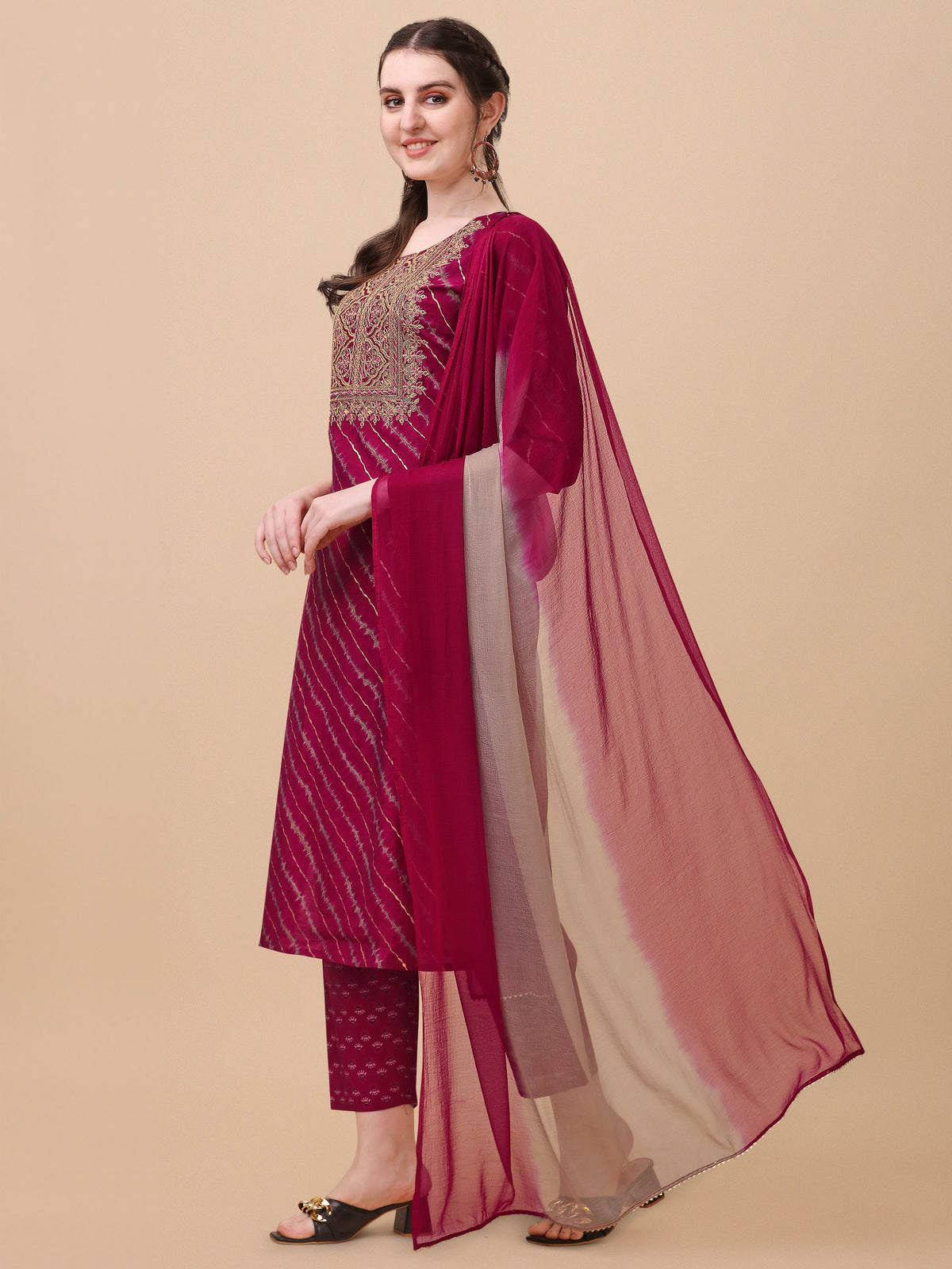 Leheriya Printed & Embroidered Kurta With Pant & Dupatta Set, Multicolor - Hiral Fashion | Grocsy