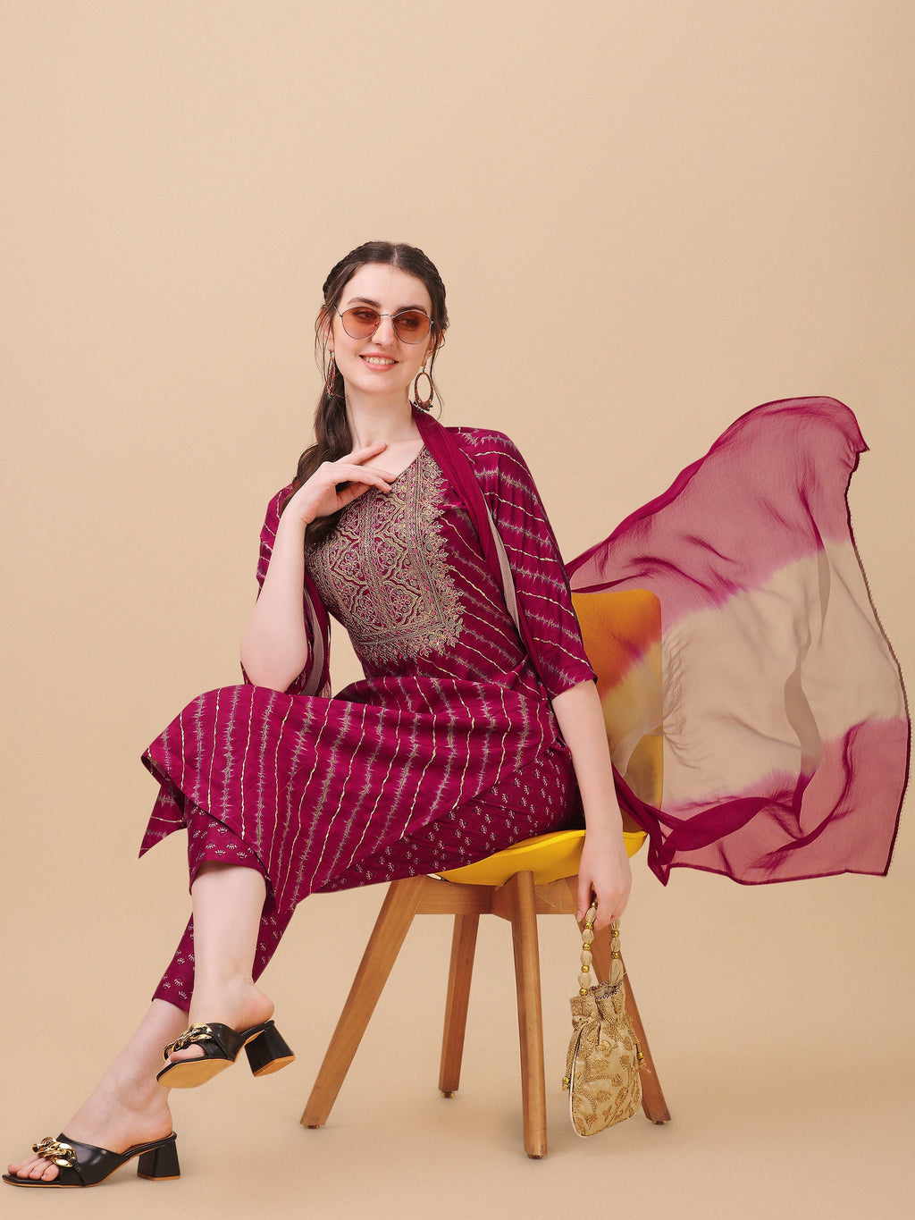 Leheriya Printed & Embroidered Kurta With Pant & Dupatta Set, Multicolor - Hiral Fashion | Grocsy