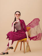 Leheriya Printed & Embroidered Kurta With Pant & Dupatta Set, Multicolor - Hiral Fashion | Grocsy