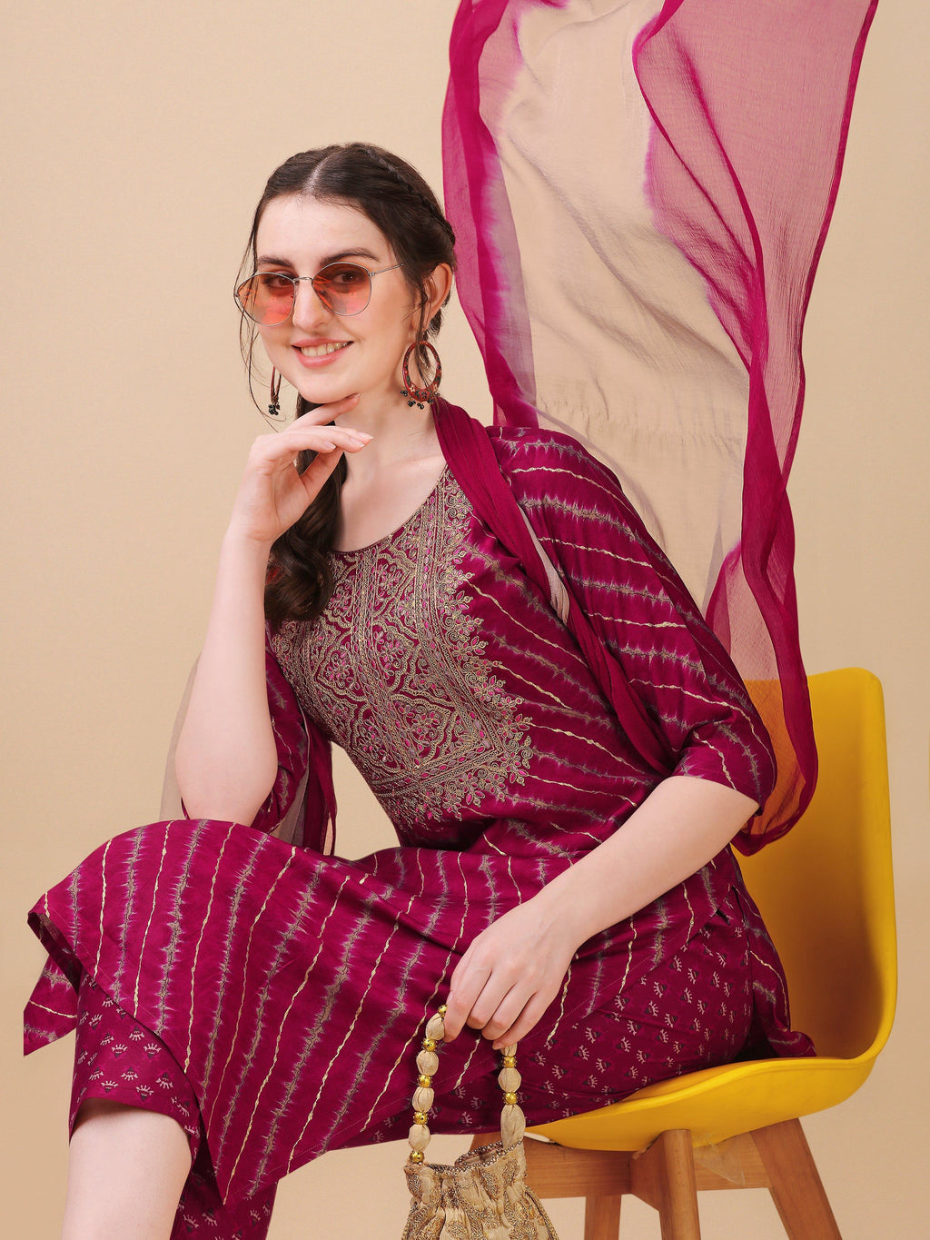 Leheriya Printed & Embroidered Kurta With Pant & Dupatta Set, Multicolor - Hiral Fashion | Grocsy