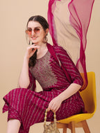 Leheriya Printed & Embroidered Kurta With Pant & Dupatta Set, Multicolor - Hiral Fashion | Grocsy