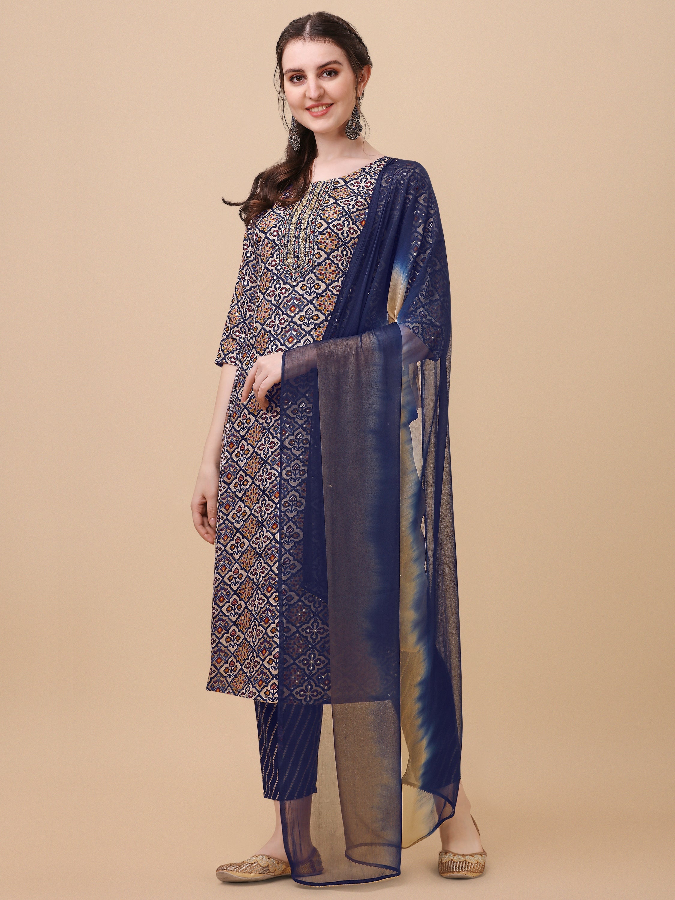 Printed Kurta With Pant And Dupatta Set, Multicolor - Hiral Fashion | Grocsy