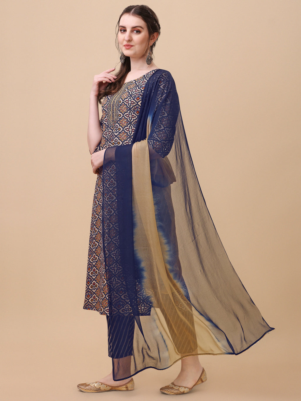 Printed Kurta With Pant And Dupatta Set, Multicolor - Hiral Fashion | Grocsy