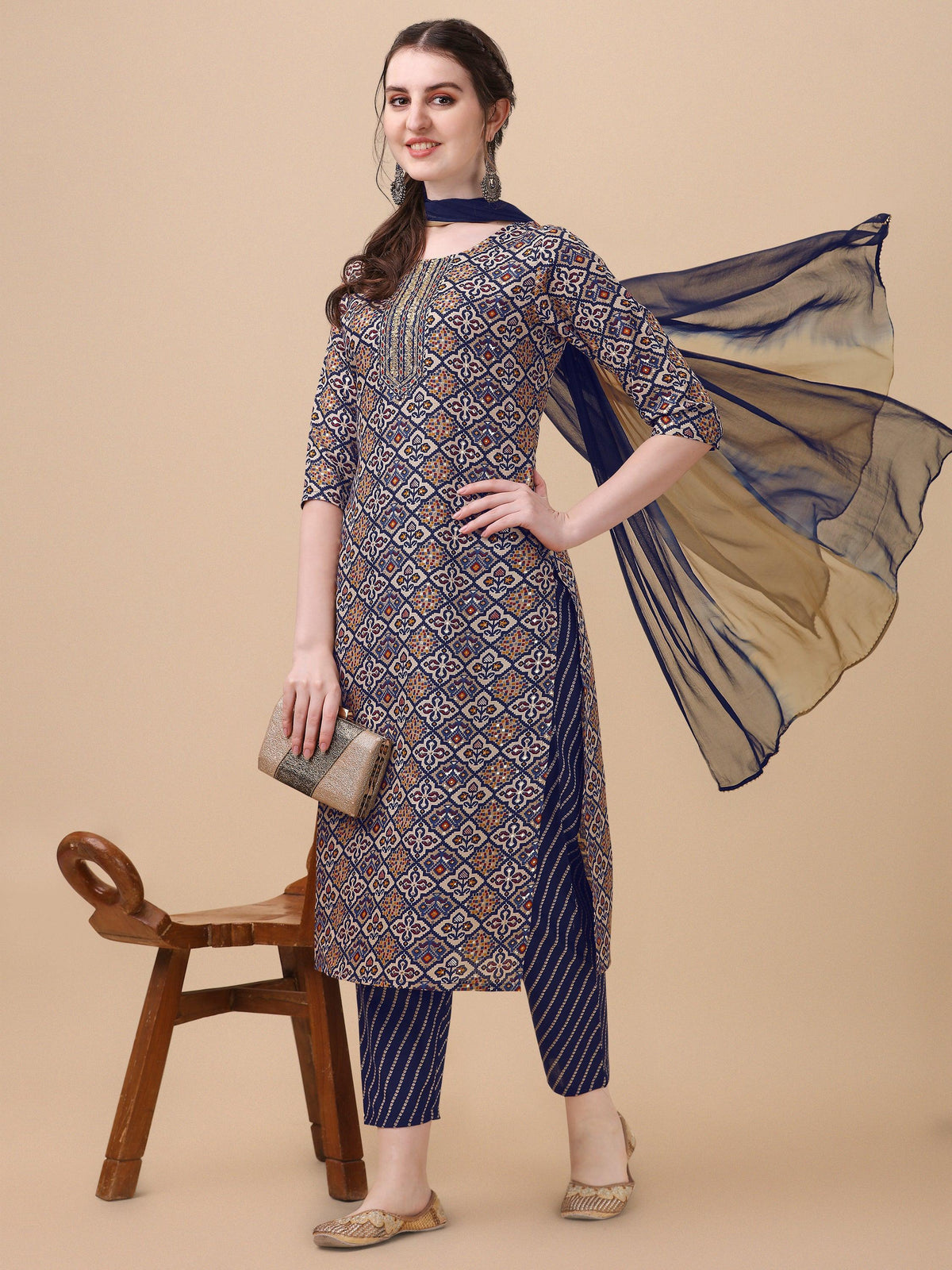 Printed Kurta With Pant And Dupatta Set, Multicolor - Hiral Fashion | Grocsy
