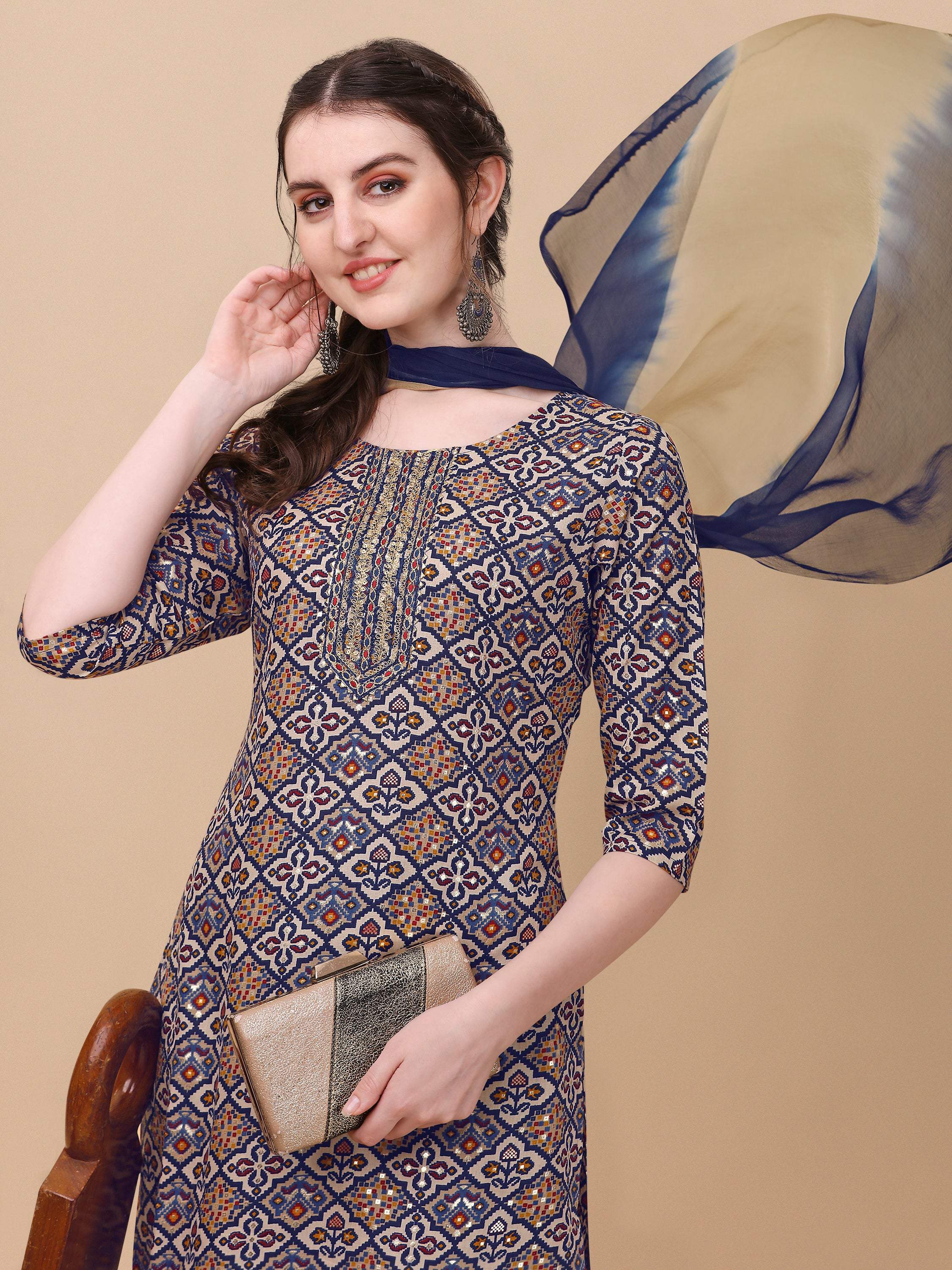 Printed Kurta With Pant And Dupatta Set, Multicolor - Hiral Fashion | Grocsy