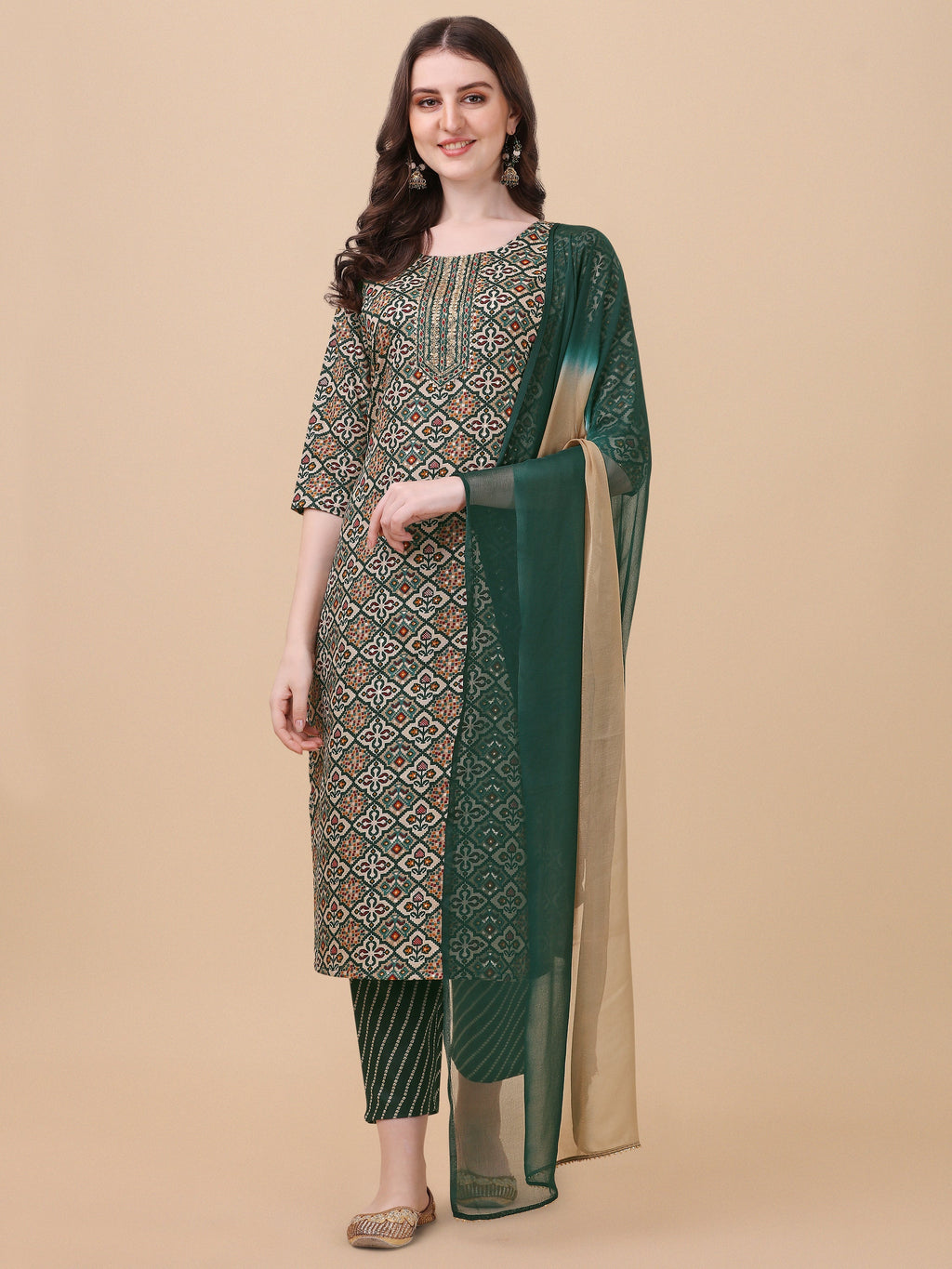 Berrylicious Womens Cotton Green Kurta With Pant And Dupatta Set., Multicolor - Hiral Fashion | Grocsy