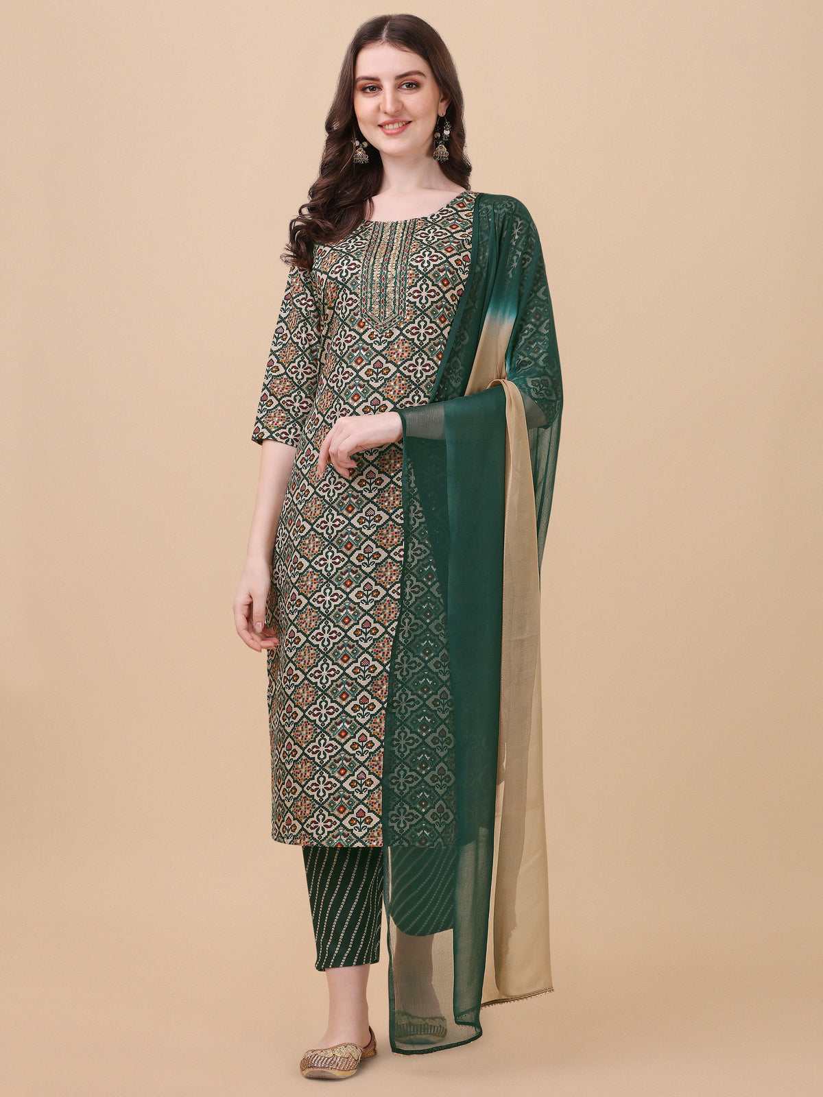 Berrylicious Womens Cotton Green Kurta With Pant And Dupatta Set., Multicolor - Hiral Fashion | Grocsy