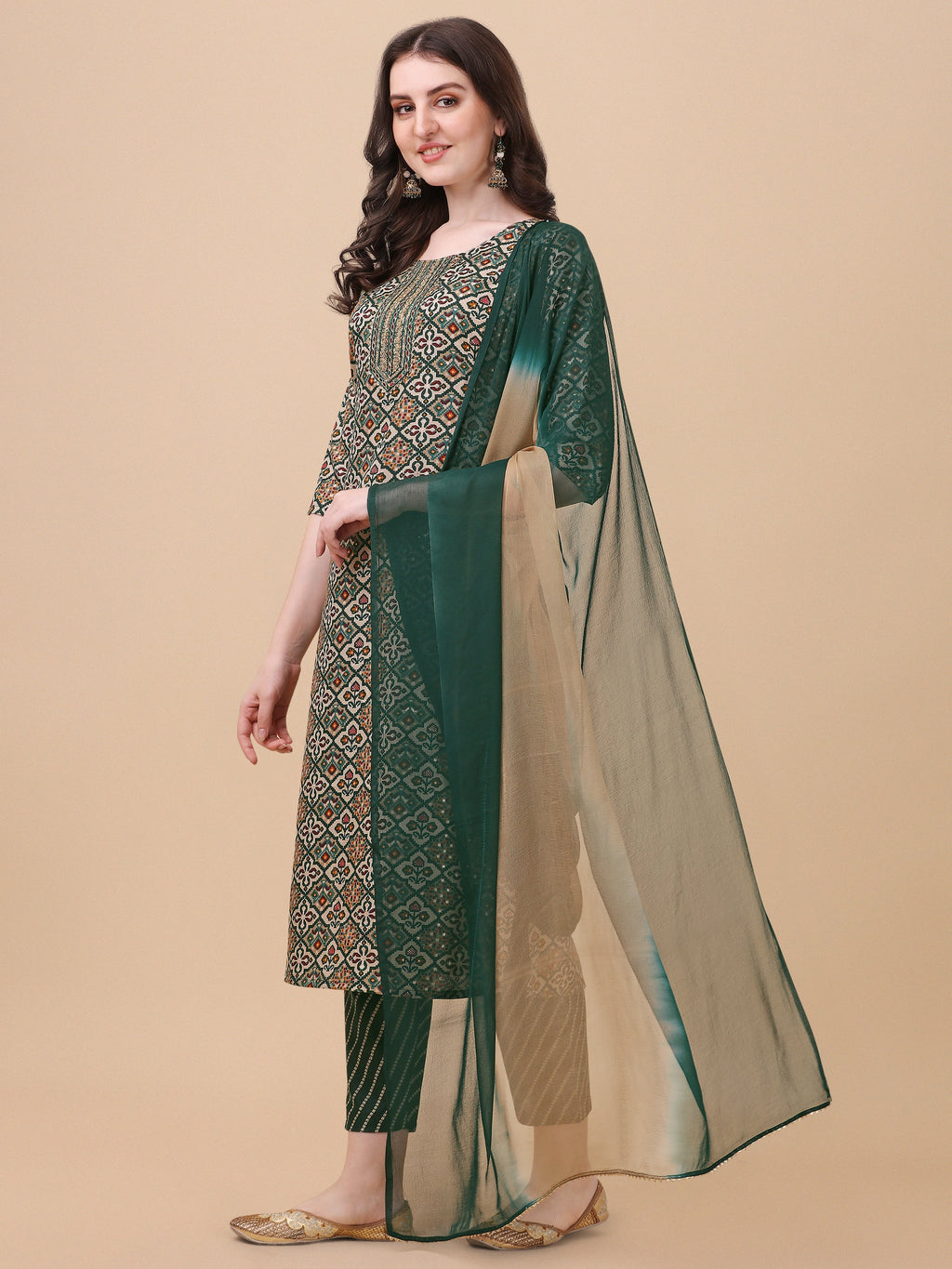 Berrylicious Womens Cotton Green Kurta With Pant And Dupatta Set., Multicolor - Hiral Fashion | Grocsy