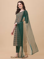 Berrylicious Womens Cotton Green Kurta With Pant And Dupatta Set., Multicolor - Hiral Fashion | Grocsy