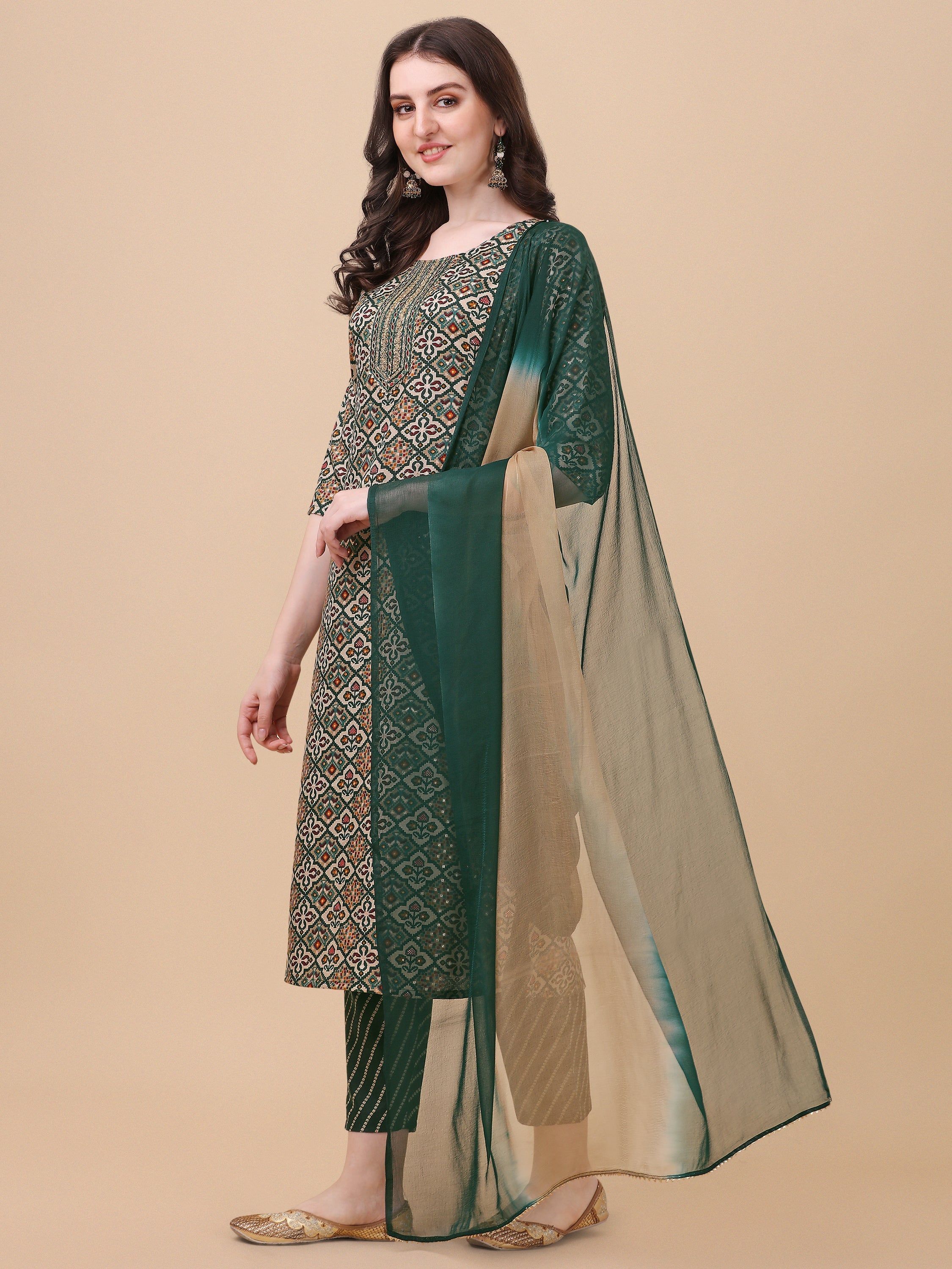 Berrylicious Womens Cotton Green Kurta With Pant And Dupatta Set., Multicolor - Hiral Fashion | Grocsy