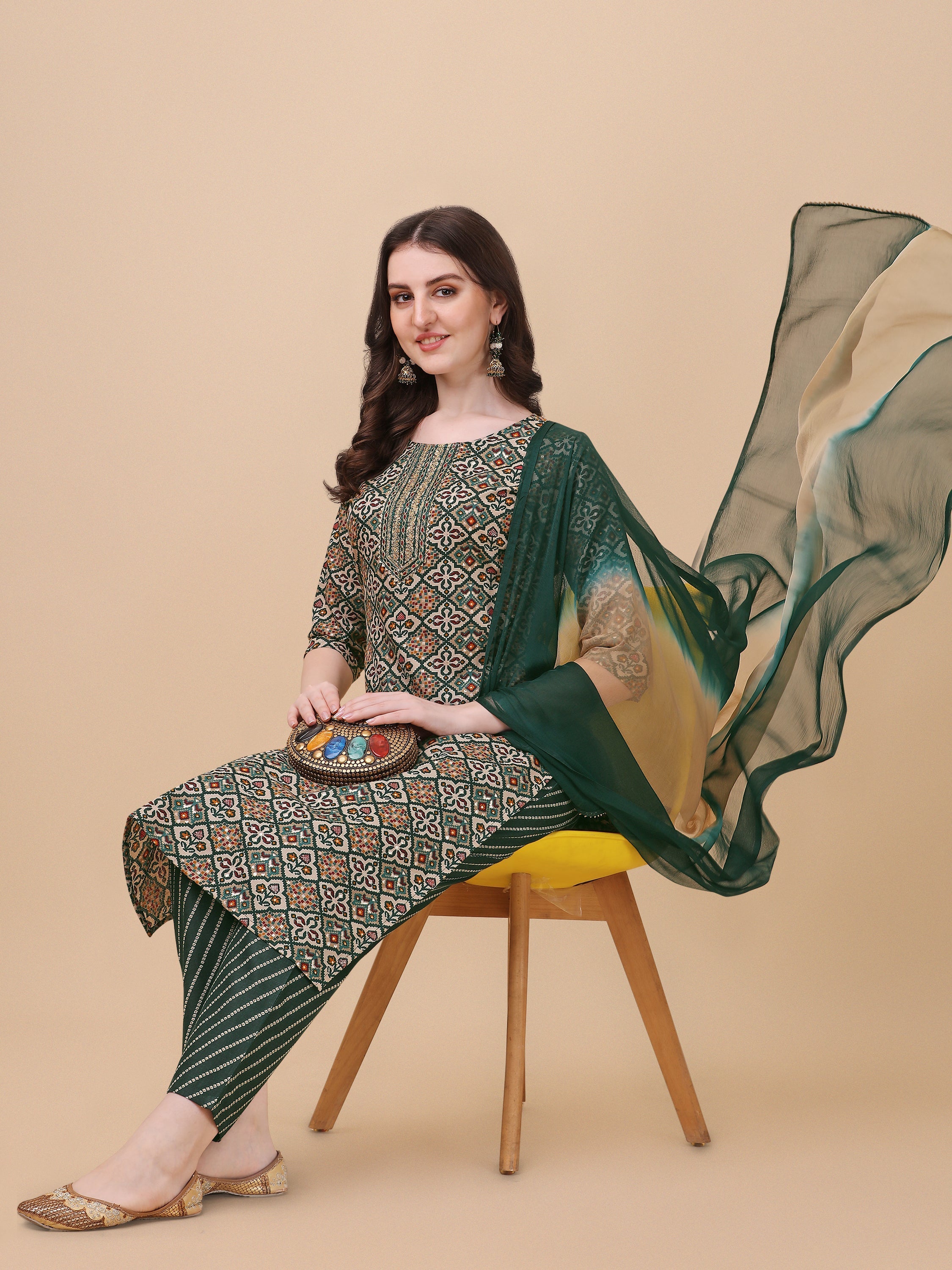 Berrylicious Womens Cotton Green Kurta With Pant And Dupatta Set., Multicolor - Hiral Fashion | Grocsy