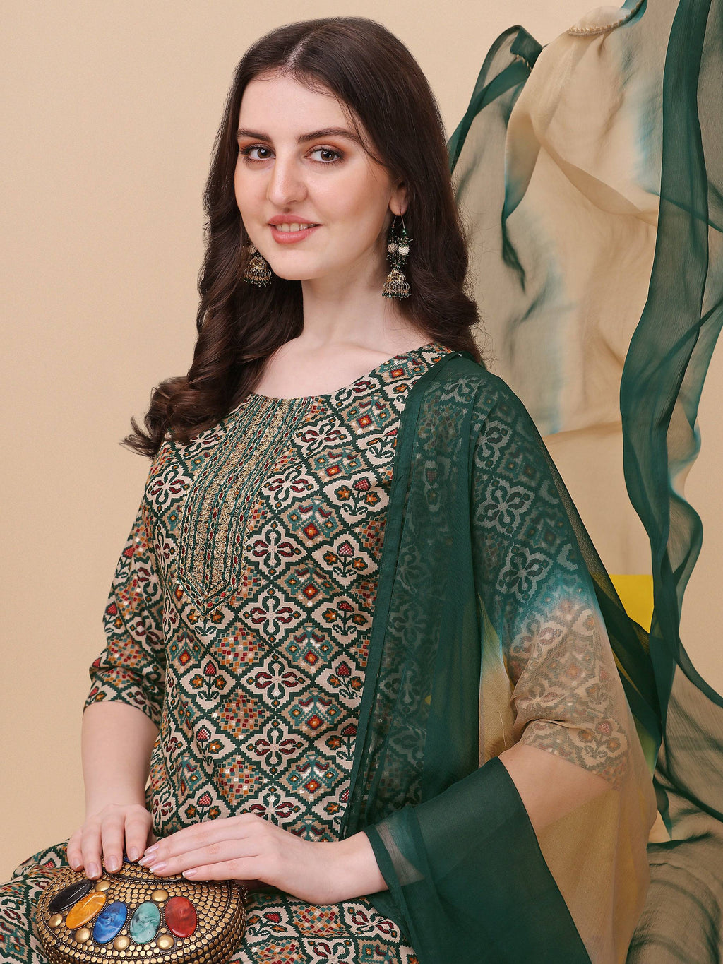 Berrylicious Womens Cotton Green Kurta With Pant And Dupatta Set., Multicolor - Hiral Fashion | Grocsy