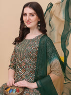 Berrylicious Womens Cotton Green Kurta With Pant And Dupatta Set., Multicolor - Hiral Fashion | Grocsy