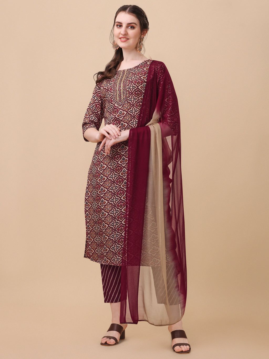 Printed Kurta With Pant And Dupatta Set, Multicolor - Hiral Fashion | Grocsy