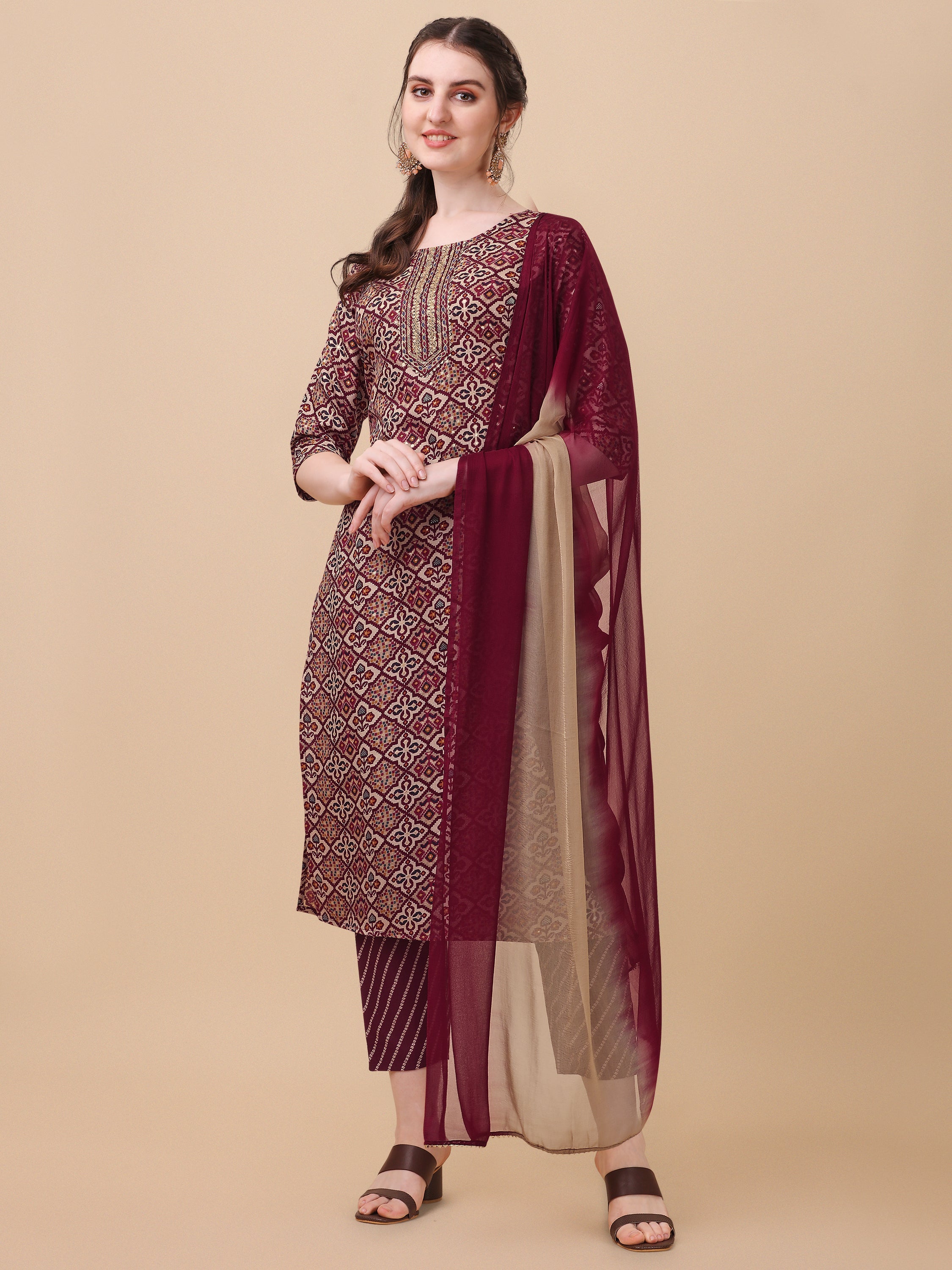 Printed Kurta With Pant And Dupatta Set, Multicolor - Hiral Fashion | Grocsy