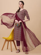 Printed Kurta With Pant And Dupatta Set, Multicolor - Hiral Fashion | Grocsy