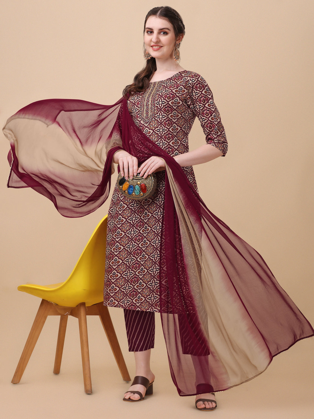 Printed Kurta With Pant And Dupatta Set, Multicolor - Hiral Fashion | Grocsy