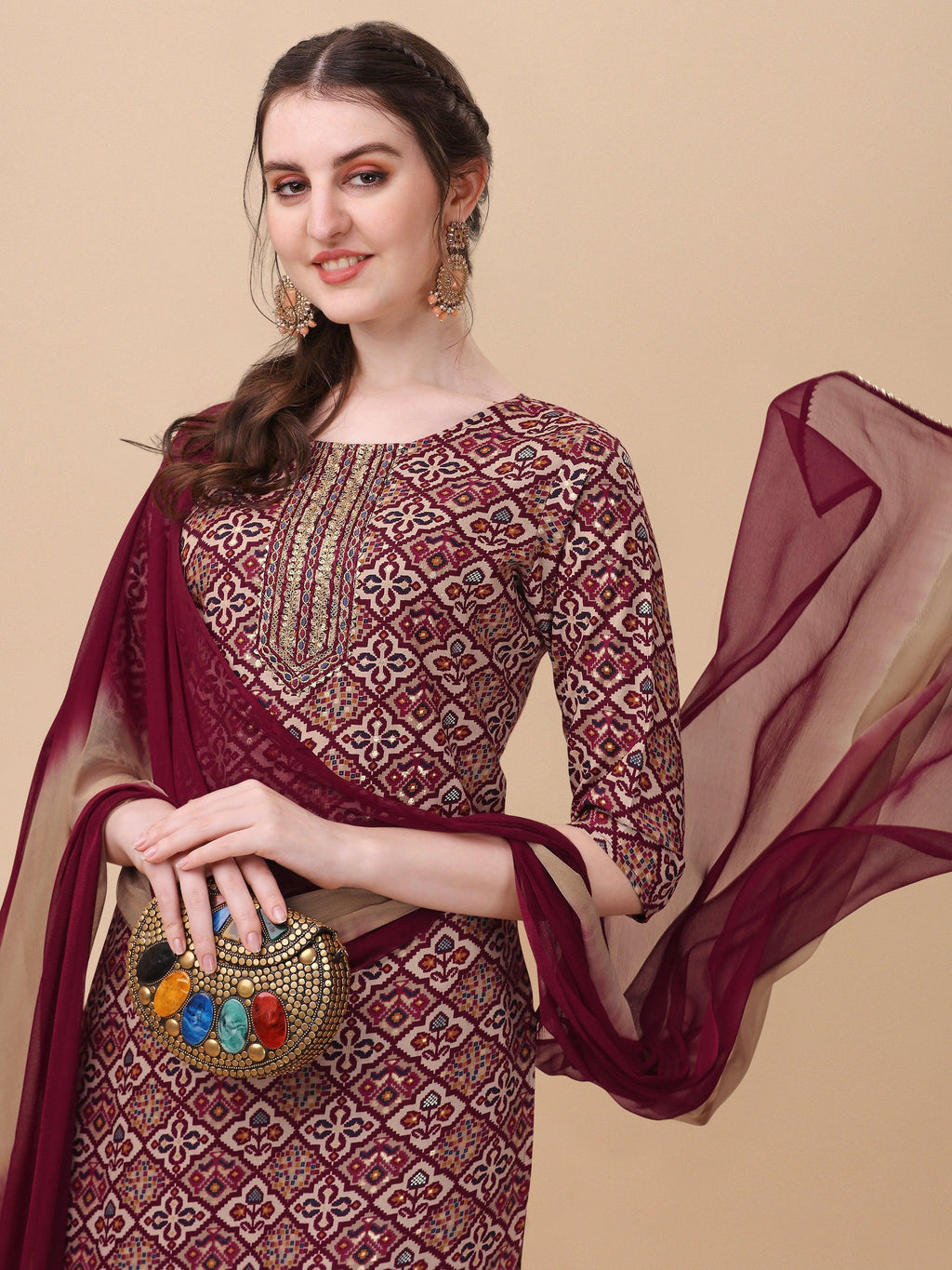 Printed Kurta With Pant And Dupatta Set, Multicolor - Hiral Fashion | Grocsy