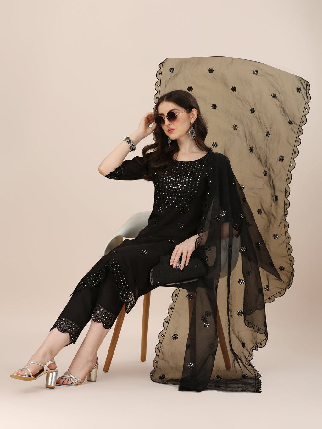 Mirror Embroidered Premium Kurta With Pant And Dupatta, Multicolor - Hiral Fashion | Grocsy