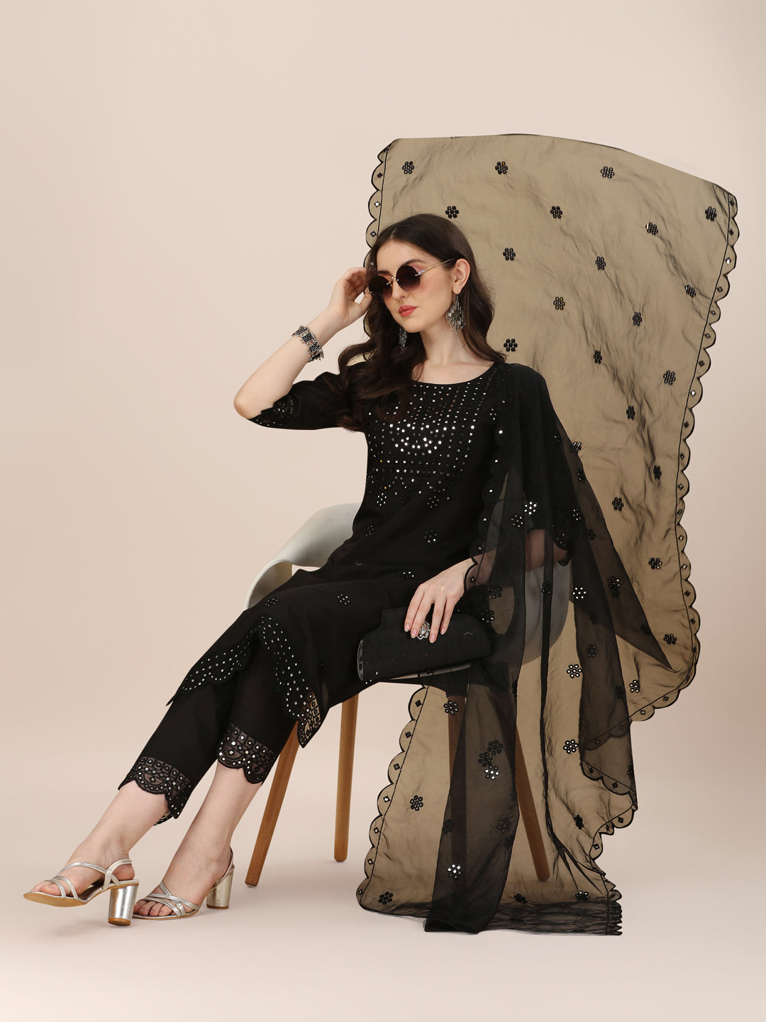 Mirror Embroidered Premium Kurta With Pant And Dupatta, Multicolor - Hiral Fashion | Grocsy