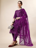 Mirror Embroidered Kurta With Pant And Dupatta Set, Multicolor - Hiral Fashion | Grocsy