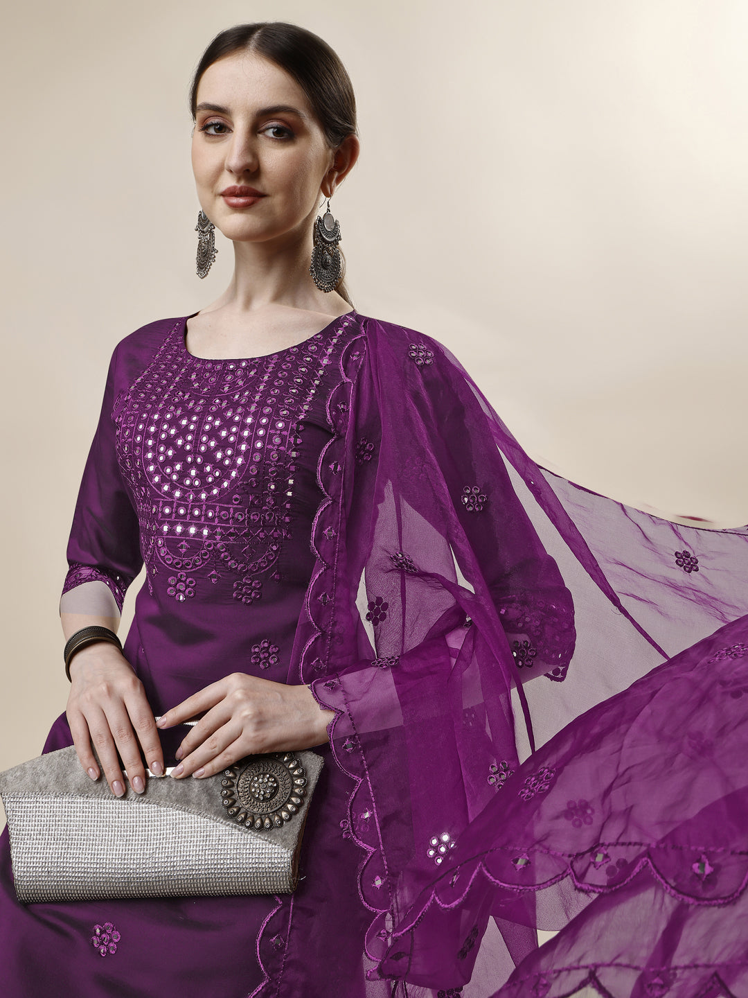 Mirror Embroidered Kurta With Pant And Dupatta Set, Multicolor - Hiral Fashion | Grocsy