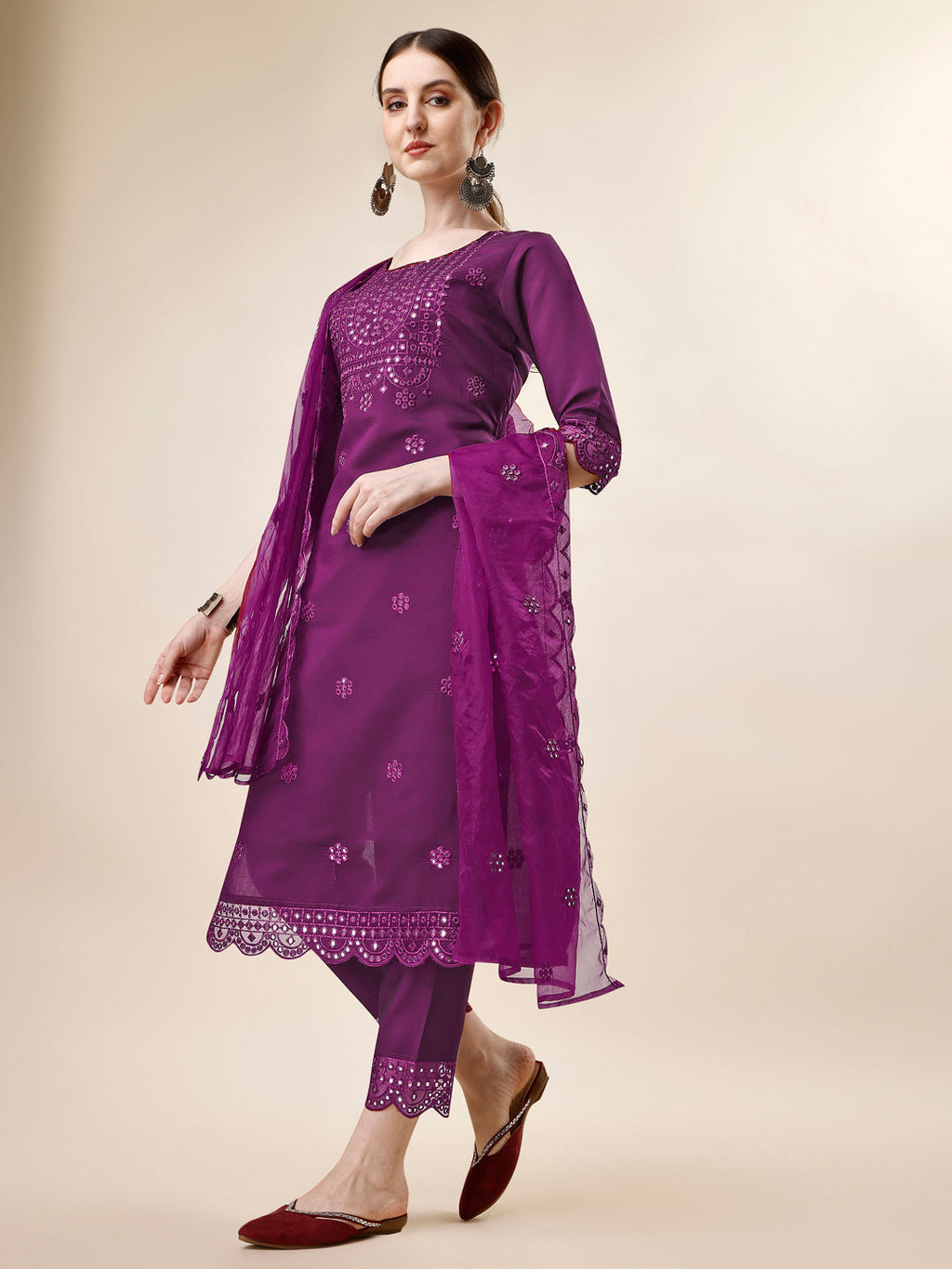 Mirror Embroidered Kurta With Pant And Dupatta Set, Multicolor - Hiral Fashion | Grocsy