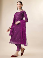 Mirror Embroidered Kurta With Pant And Dupatta Set, Multicolor - Hiral Fashion | Grocsy