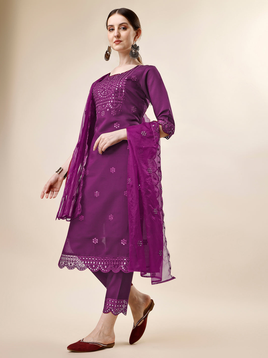 Mirror Embroidered Kurta With Pant And Dupatta Set, Multicolor - Hiral Fashion | Grocsy