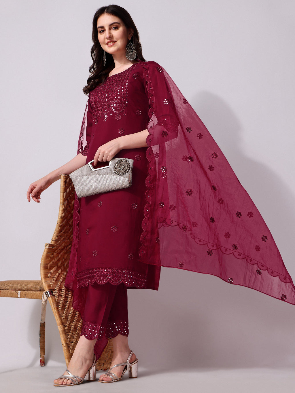 Mirror Embroidered Kurta Pant & Dupatta Set, Multicolor - Hiral Fashion | Grocsy