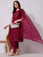Mirror Embroidered Kurta Pant & Dupatta Set, Multicolor - Hiral Fashion | Grocsy