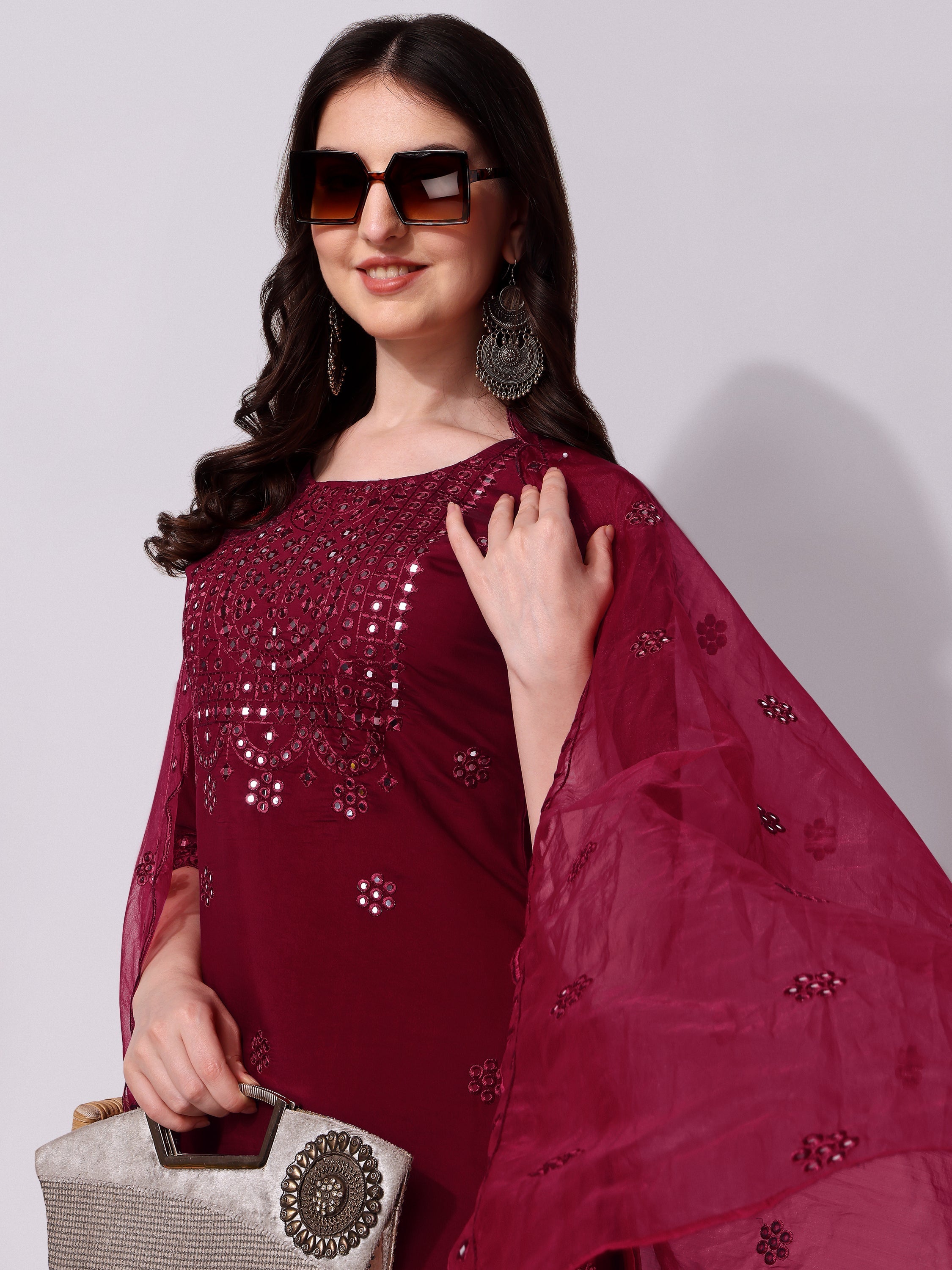 Mirror Embroidered Kurta Pant & Dupatta Set, Multicolor - Hiral Fashion | Grocsy