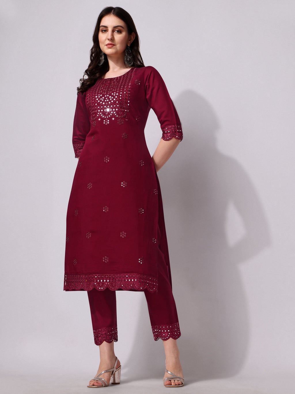 Mirror Embroidered Kurta Pant & Dupatta Set, Multicolor - Hiral Fashion | Grocsy