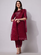 Mirror Embroidered Kurta Pant & Dupatta Set, Multicolor - Hiral Fashion | Grocsy
