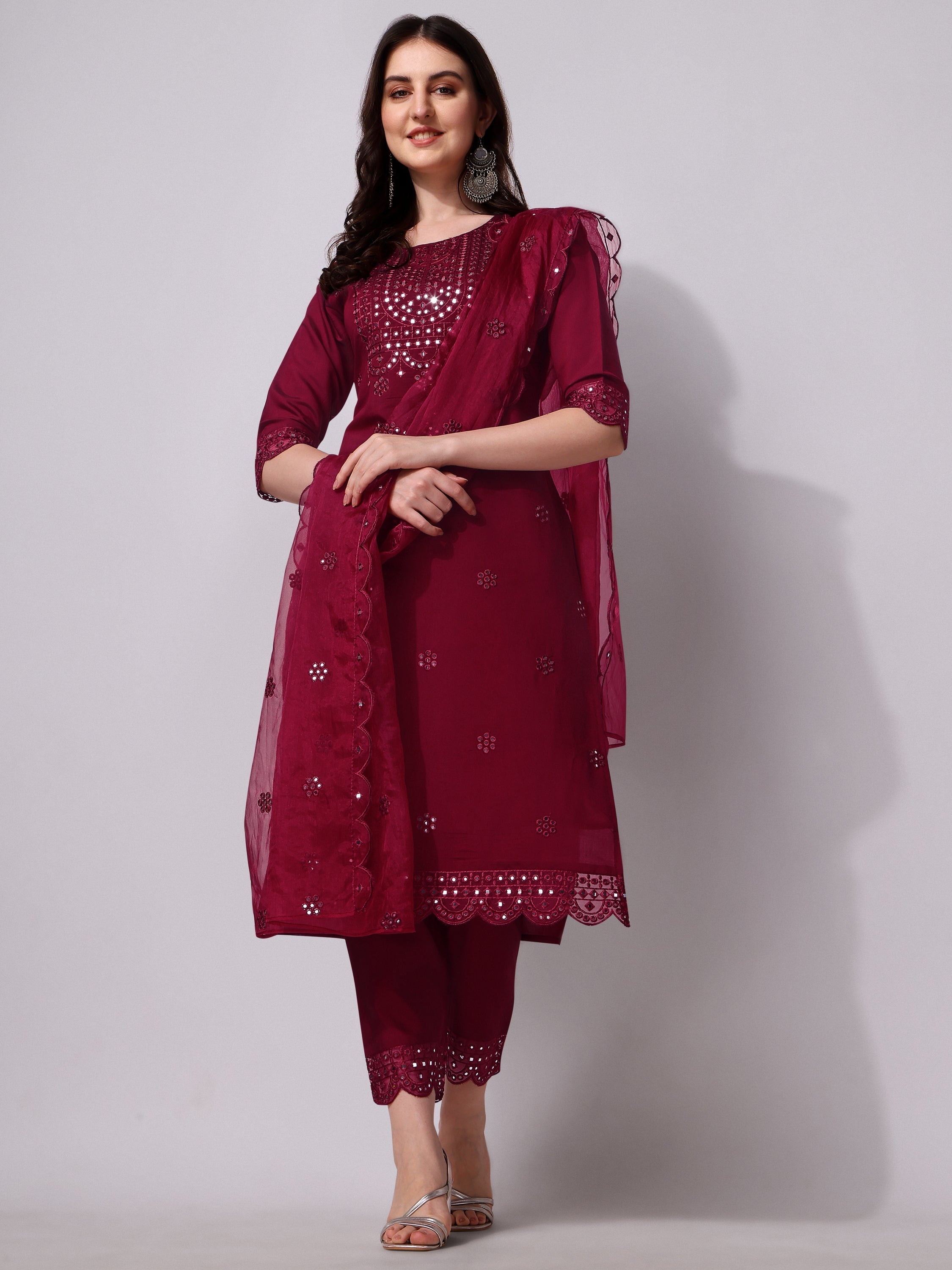 Mirror Embroidered Kurta Pant & Dupatta Set, Multicolor - Hiral Fashion | Grocsy