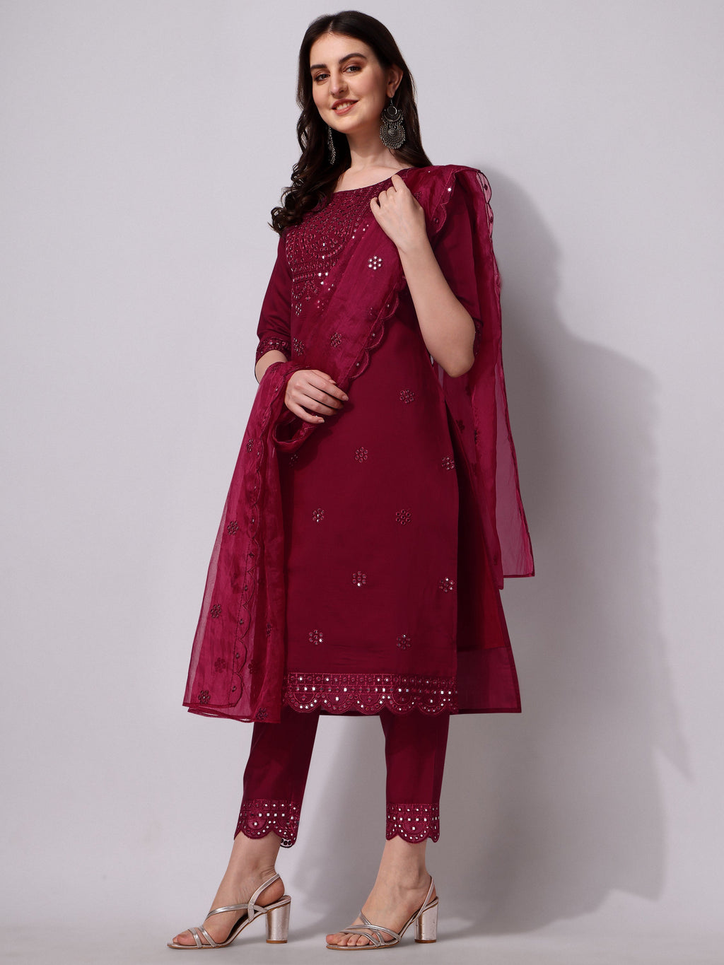 Mirror Embroidered Kurta Pant & Dupatta Set, Multicolor - Hiral Fashion | Grocsy