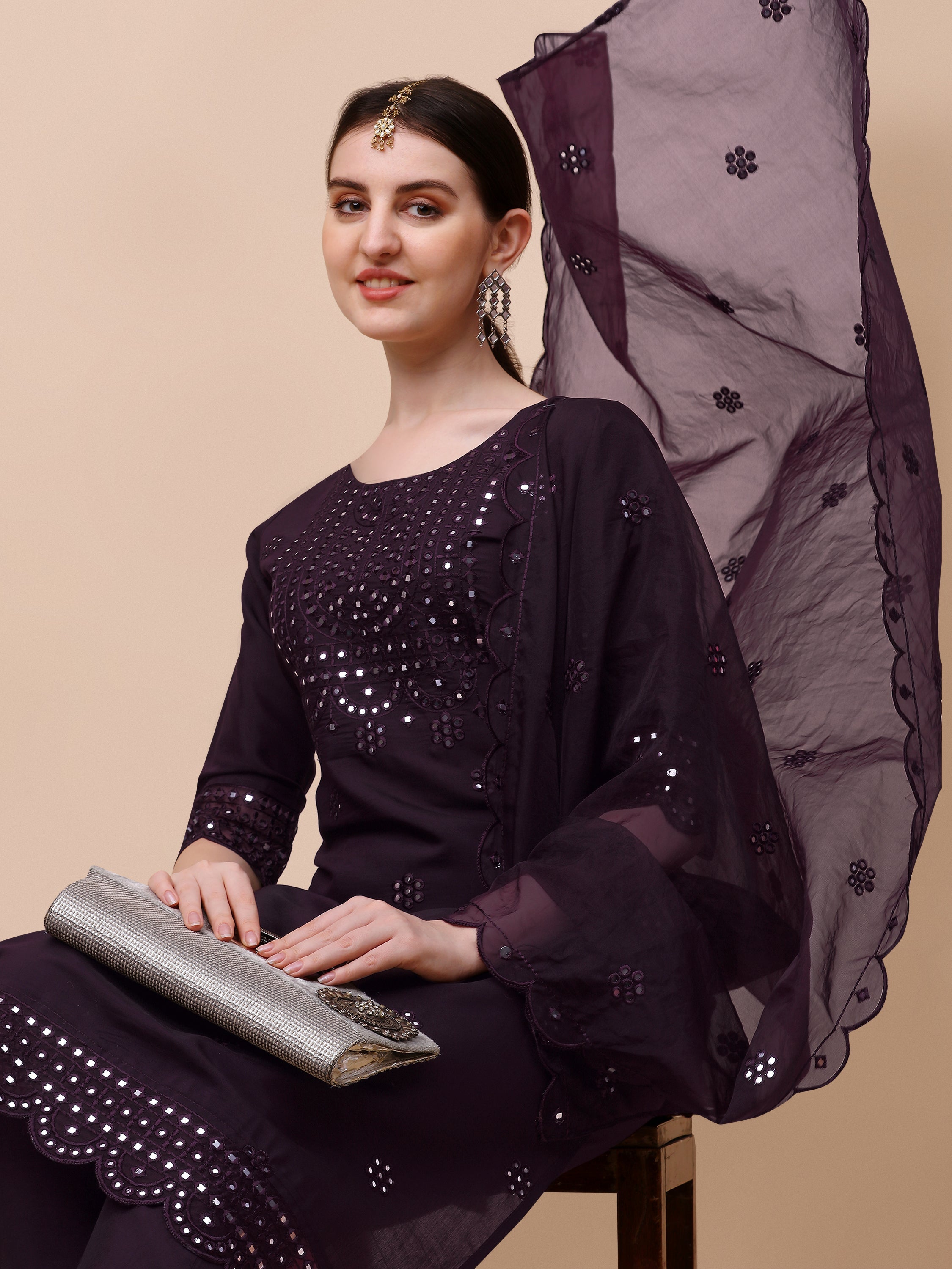 Mirror Embroidered Kurta Pant & Dupatta Set, Multicolor - Hiral Fashion | Grocsy
