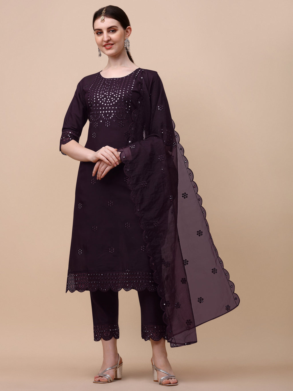 Mirror Embroidered Kurta Pant & Dupatta Set, Multicolor - Hiral Fashion | Grocsy