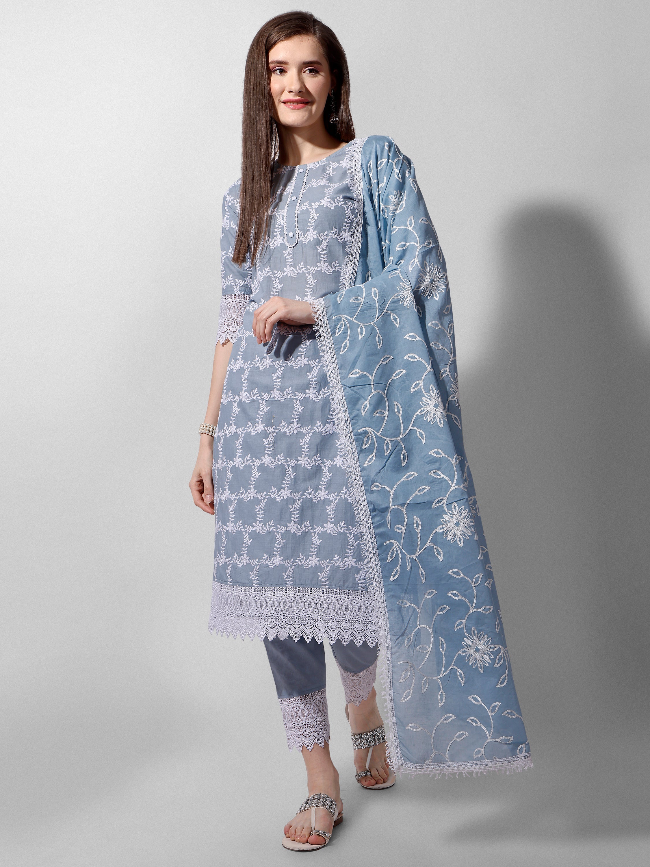 Embroidered Kurta With Pant And Dupatta Set, Multicolor - Hiral Fashion | Grocsy
