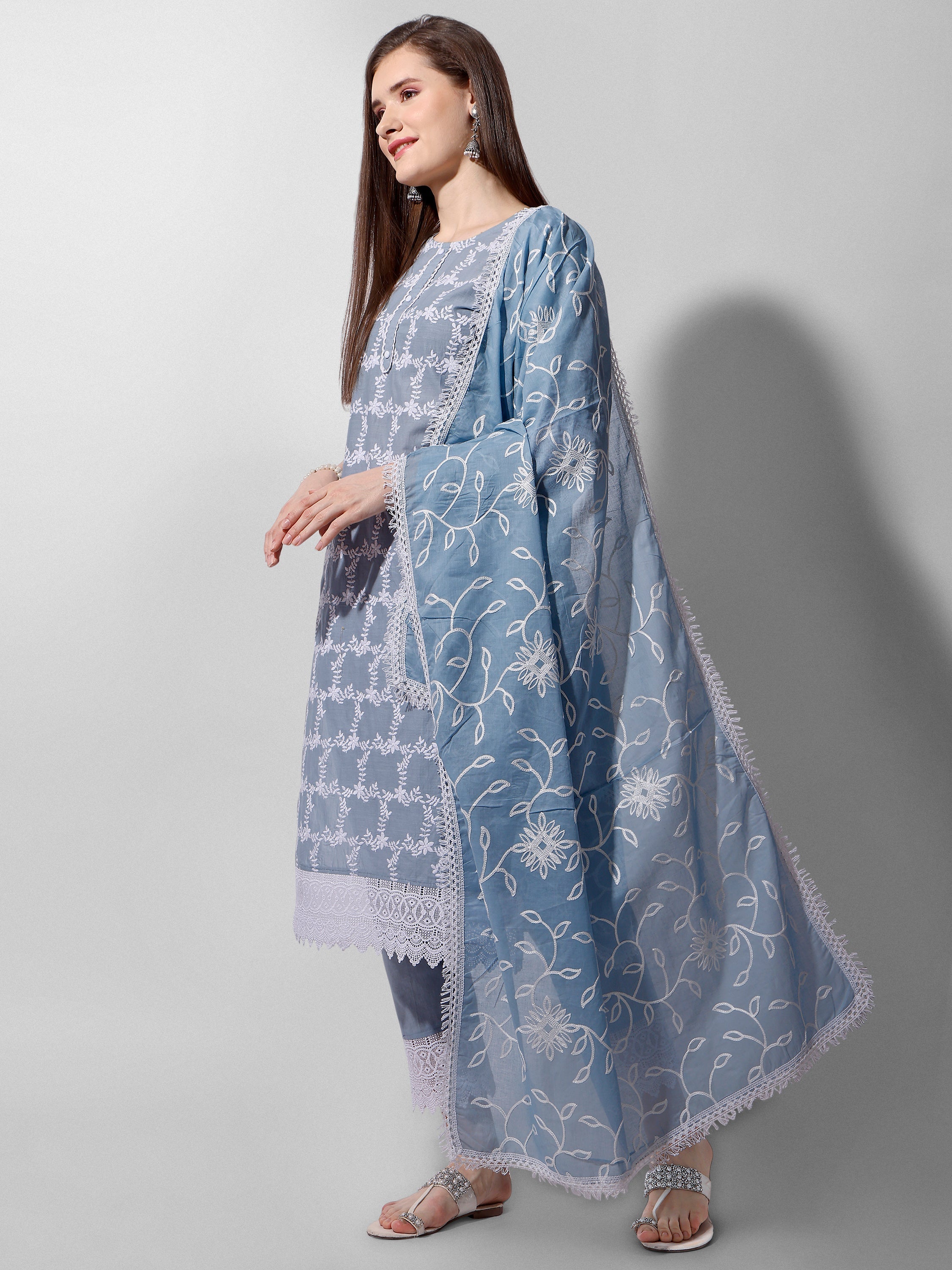 Embroidered Kurta With Pant And Dupatta Set, Multicolor - Hiral Fashion | Grocsy