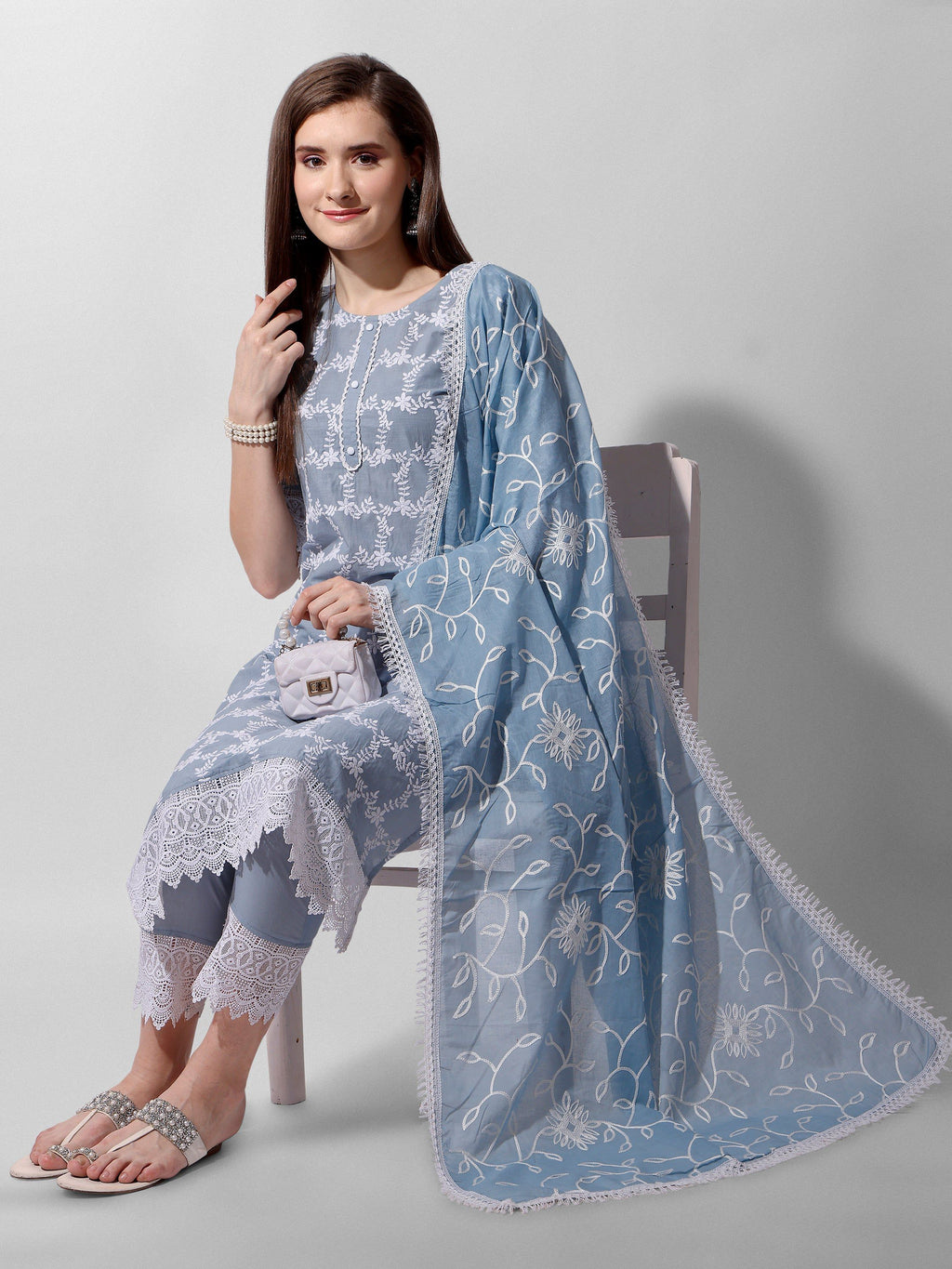 Embroidered Kurta With Pant And Dupatta Set, Multicolor - Hiral Fashion | Grocsy