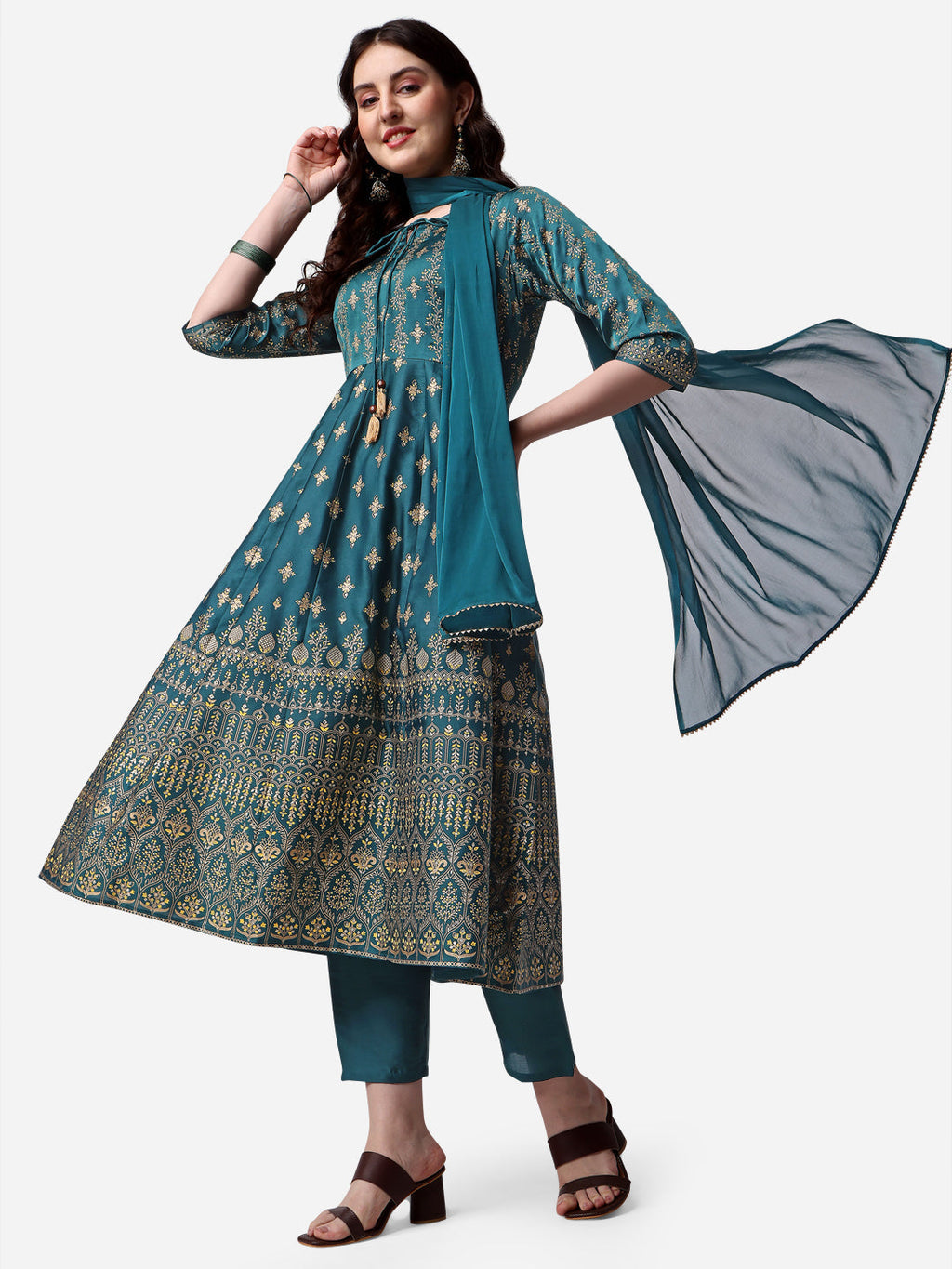 Anarkali Printed Kurta With Pant & Dupatta Set, Multicolor - Hiral Fashion | Grocsy